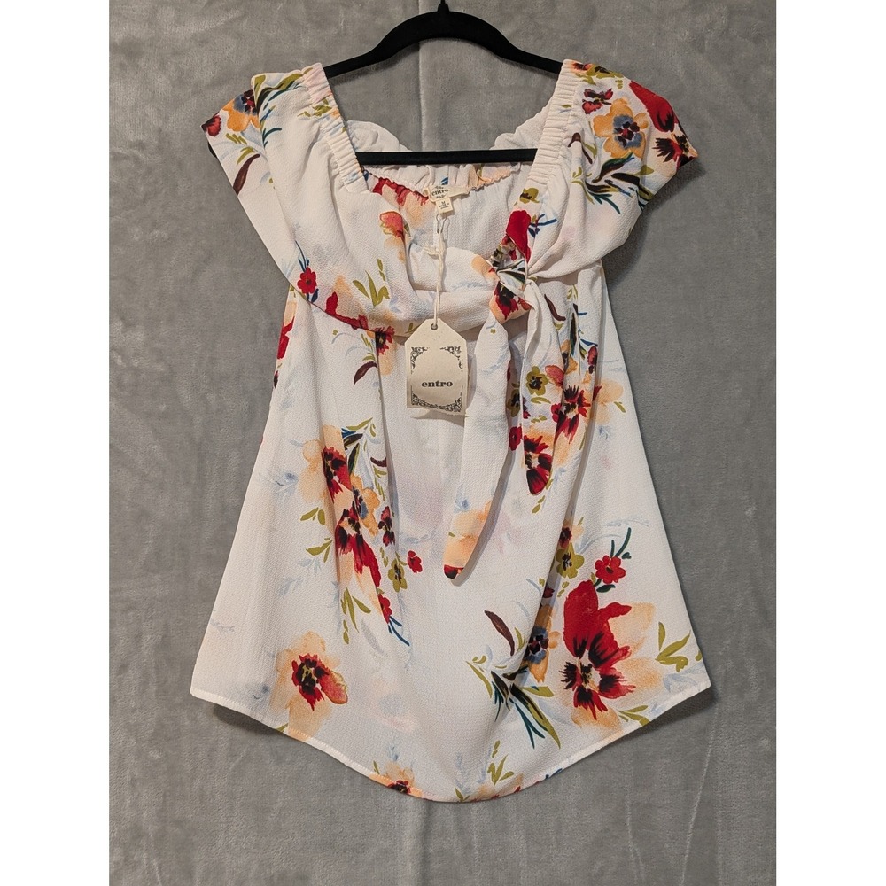 Entro Floral Off The Shoulder Top Womens Medium White Ruffle Tie Front T7833 NEW